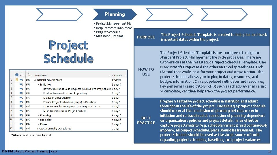 Planning • • Project Schedule *Also available in Excel format. DIR PM Lite 2.