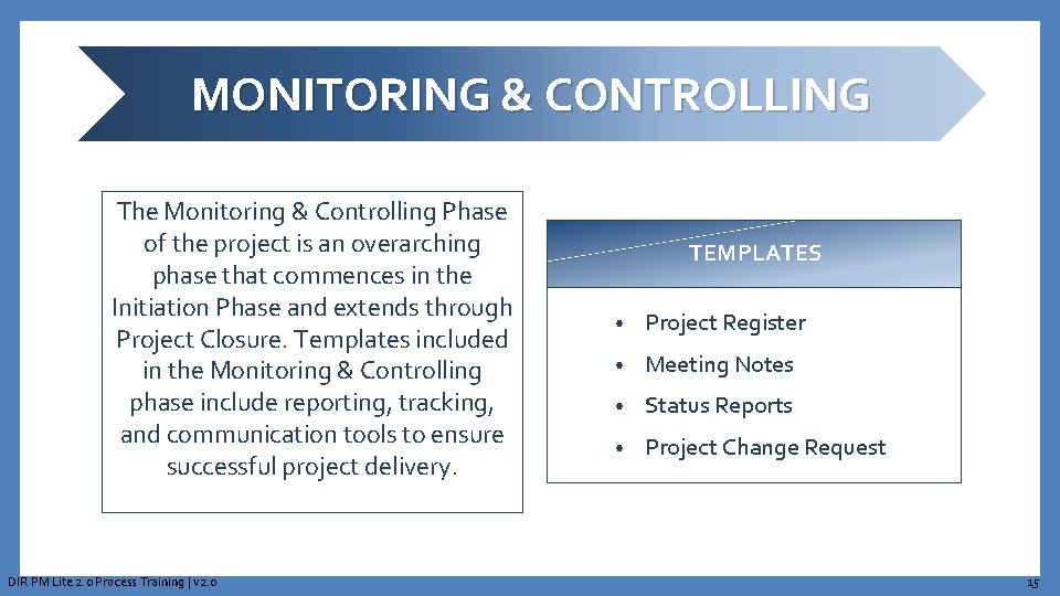 MONITORING & CONTROLLING The Monitoring & Controlling Phase of the project is an overarching