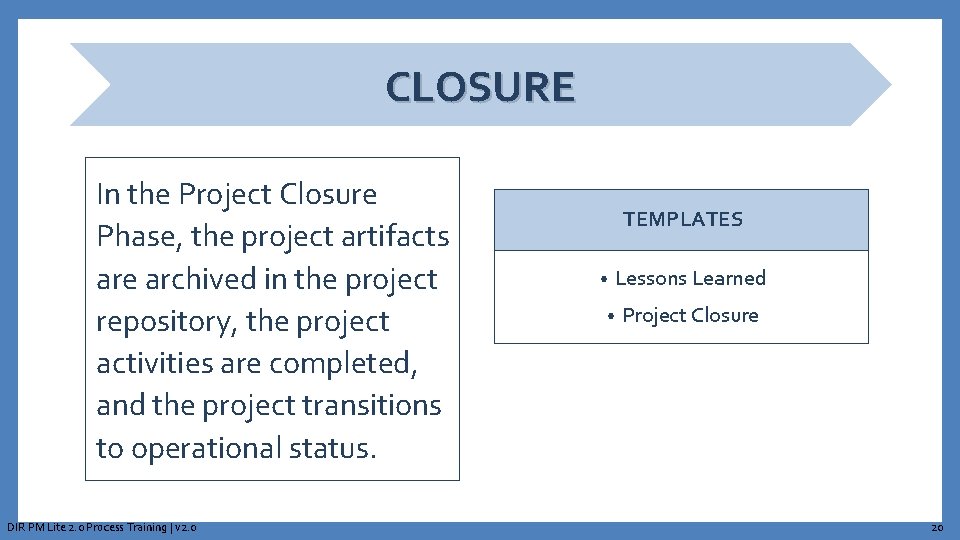 CLOSURE In the Project Closure Phase, the project artifacts are archived in the project