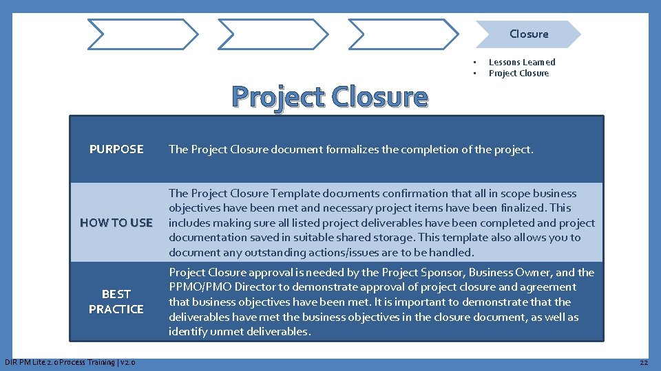 Closure Project Closure PURPOSE • • Lessons Learned Project Closure The Project Closure document