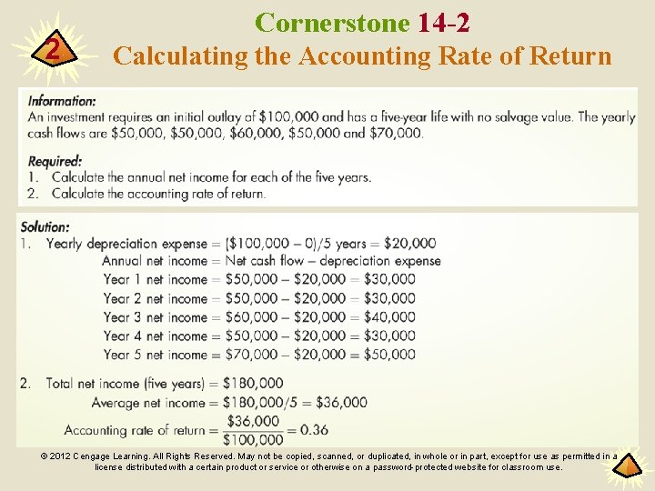 2 Cornerstone 14 -2 Calculating the Accounting Rate of Return © 2012 Cengage Learning.