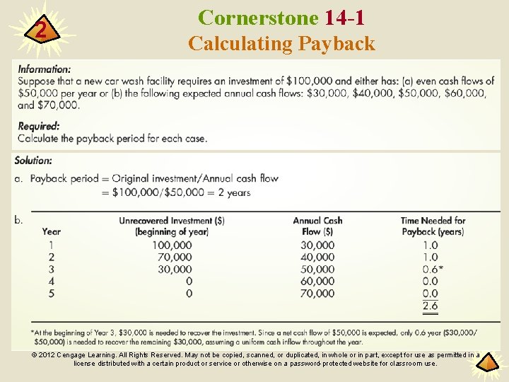 2 Cornerstone 14 -1 Calculating Payback © 2012 Cengage Learning. All Rights Reserved. May