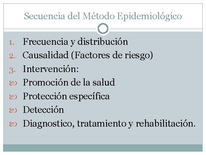 Secuencia del Método Epidemiológico 1. Frecuencia y distribución 2. Causalidad (Factores de riesgo) 3.