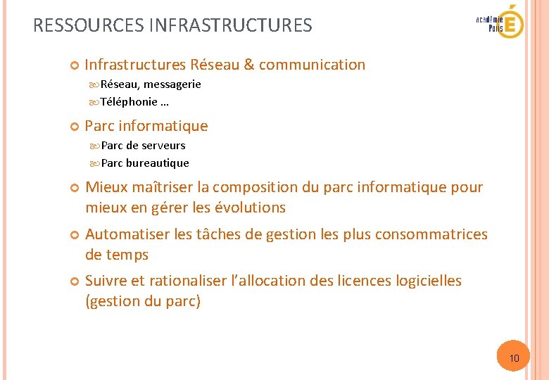 RESSOURCES INFRASTRUCTURES Infrastructures Réseau & communication Réseau, messagerie Téléphonie … Parc informatique Parc de