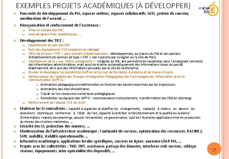 EXEMPLES PROJETS ACADÉMIQUES (À DÉVELOPPER) Poursuite du développement du PIA, espaces métiers, espaces collaboratifs,