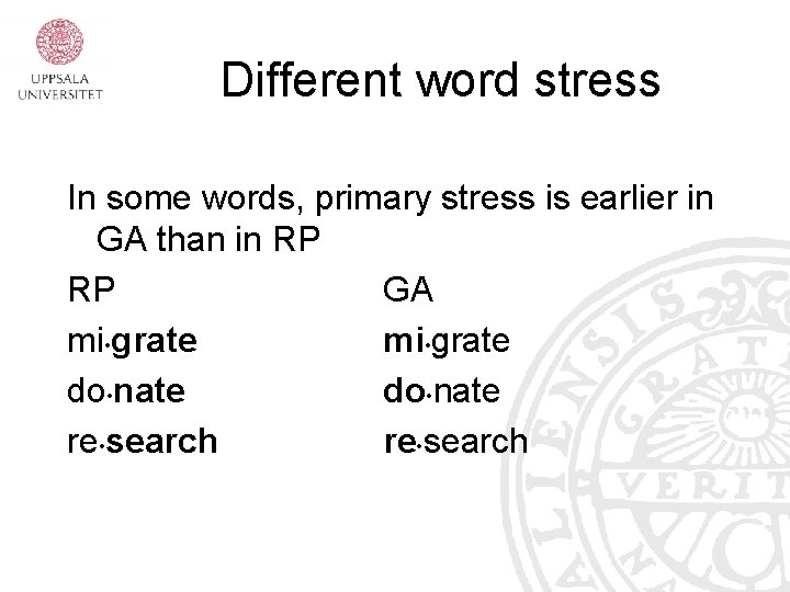 Different word stress In some words, primary stress is earlier in GA than in