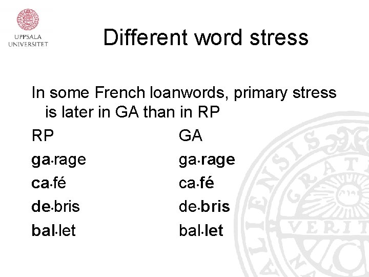 Different word stress In some French loanwords, primary stress is later in GA than