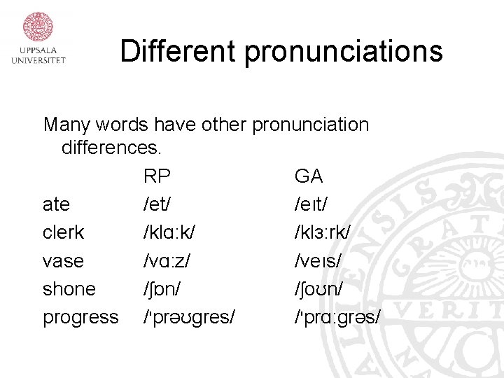 Different pronunciations Many words have other pronunciation differences. RP GA ate /et/ /eıt/ clerk