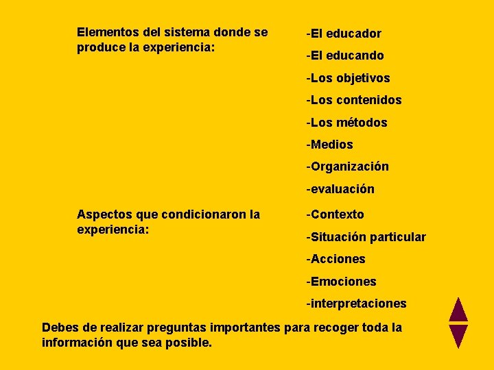 Elementos del sistema donde se produce la experiencia: -El educador -El educando -Los objetivos