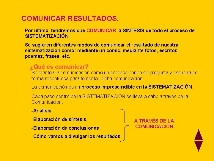 COMUNICAR RESULTADOS. Por último, tendremos que COMUNICAR la SÍNTESIS de todo el proceso de