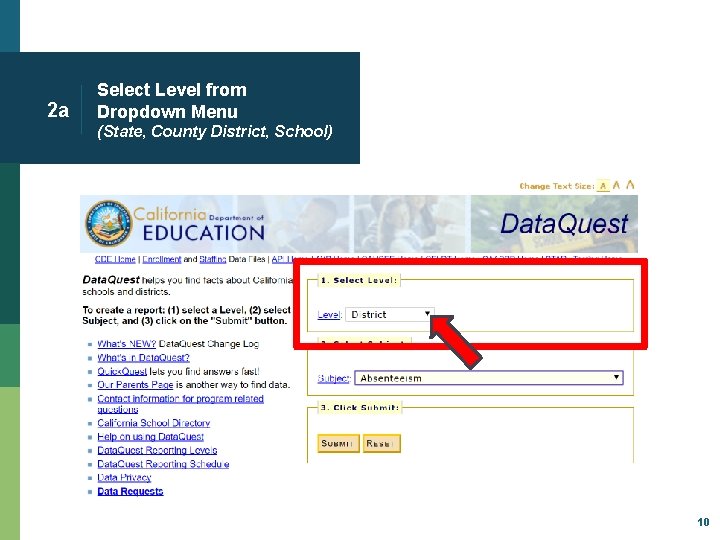 2 a Select Level from Dropdown Menu (State, County District, School) 10 