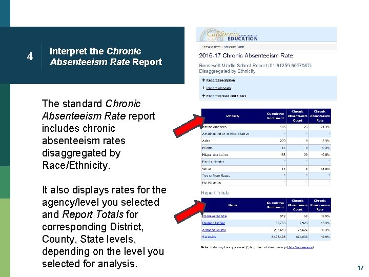 4 Interpret the Chronic Absenteeism Rate Report The standard Chronic Absenteeism Rate report includes