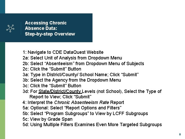 Accessing Chronic Absence Data: Step-by-step Overview 1: Navigate to CDE Data. Quest Website 2