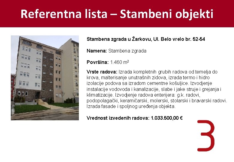 Referentna lista – Stambeni objekti Stambena zgrada u Žarkovu, Ul. Belo vrelo br. 52
