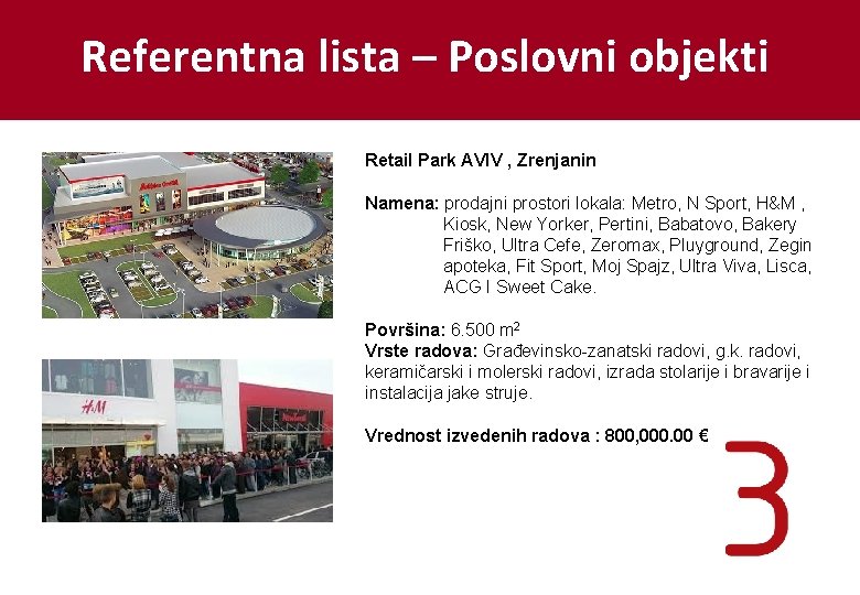Referentna lista – Poslovni objekti Retail Park AVIV , Zrenjanin Namena: prodajni prostori lokala: