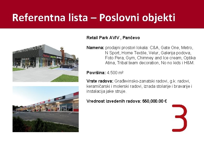 Referentna lista – Poslovni objekti Retail Park AVIV , Pančevo Namena: prodajni prostori lokala:
