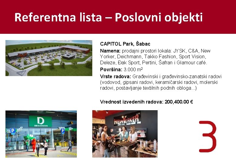 Referentna lista – Poslovni objekti CAPITOL Park, Šabac Namena: prodajni prostori lokala: JYSK, C&A,