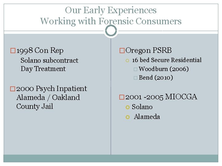 Our Early Experiences Working with Forensic Consumers � 1998 Con Rep Solano subcontract Day