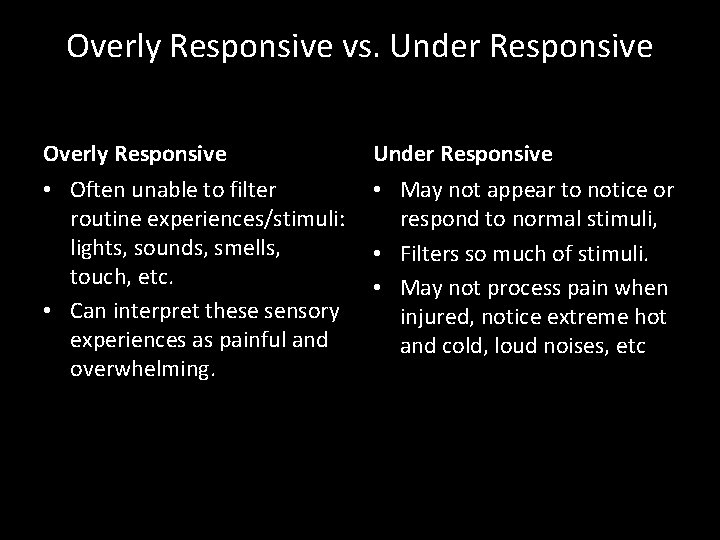 Overly Responsive vs. Under Responsive Overly Responsive Under Responsive • Often unable to filter