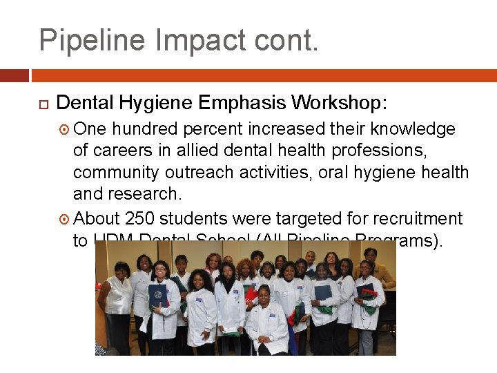 Pipeline Impact cont. Dental Hygiene Emphasis Workshop: One hundred percent increased their knowledge of
