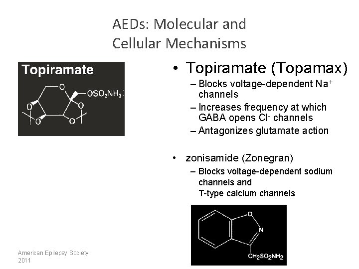 AEDs: Molecular and Cellular Mechanisms • Topiramate (Topamax) – Blocks voltage-dependent Na+ channels –