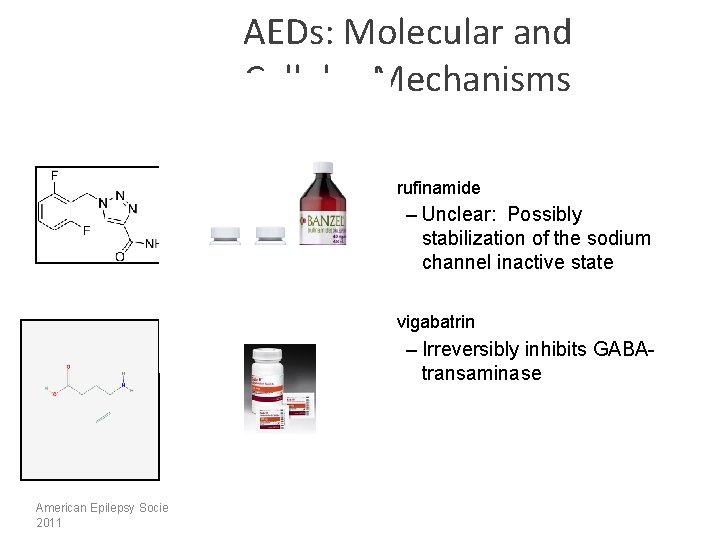 AEDs: Molecular and Cellular Mechanisms • rufinamide – Unclear: Possibly stabilization of the sodium