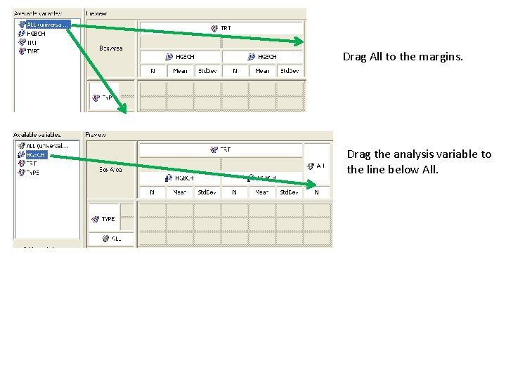 Drag All to the margins. HRP 223 2008 Drag the analysis variable to the