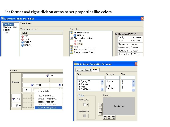 Set format and right click on areas to set properties like colors. HRP 223