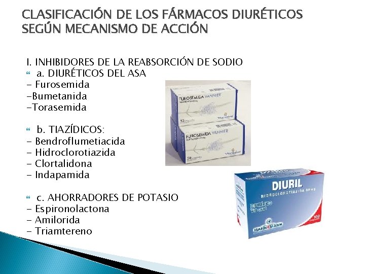CLASIFICACIÓN DE LOS FÁRMACOS DIURÉTICOS SEGÚN MECANISMO DE ACCIÓN I. INHIBIDORES DE LA REABSORCIÓN