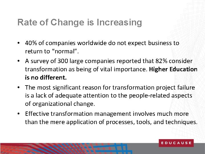 Rate of Change is Increasing • 40% of companies worldwide do not expect business