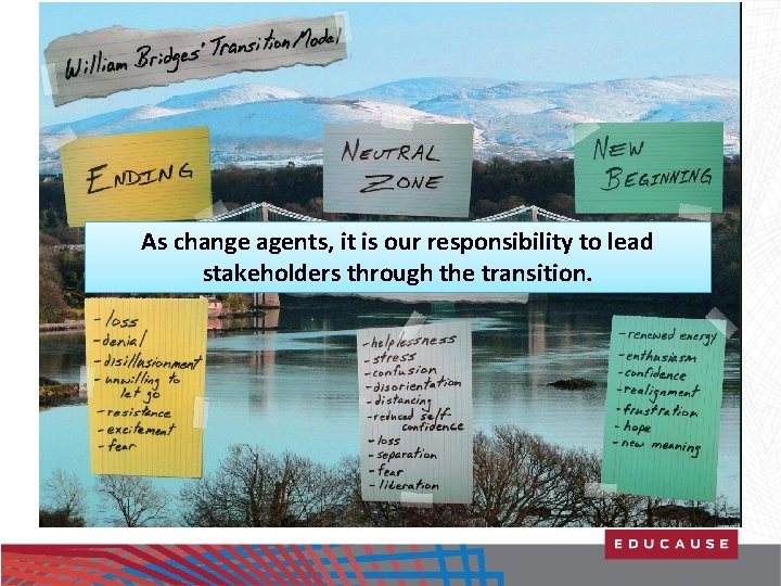 As change agents, it is our responsibility to lead stakeholders through the transition. 