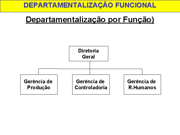 DEPARTAMENTALIZAÇÃO FUNCIONAL Departamentalização por Função) Diretoria Geral Gerência de Produção Gerência de Controladoria Gerência