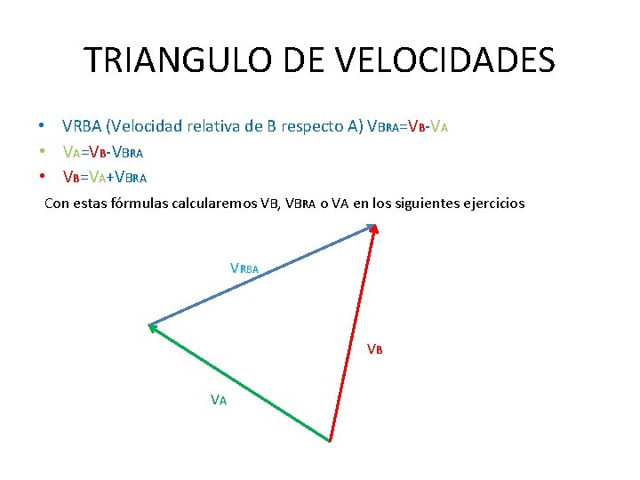TRIANGULO DE VELOCIDADES • VRBA (Velocidad relativa de B respecto A) VBRA=VB-VA • VA=VB-VBRA