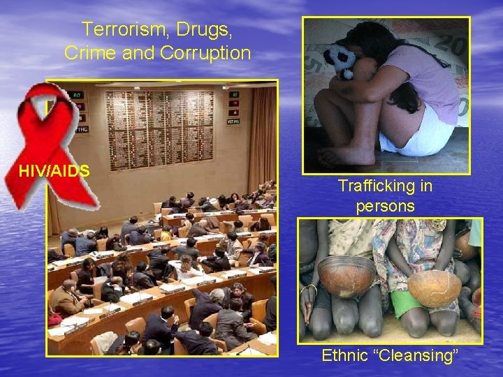 Terrorism, Drugs, Crime and Corruption HIV/AIDS Trafficking in persons Ethnic “Cleansing” 