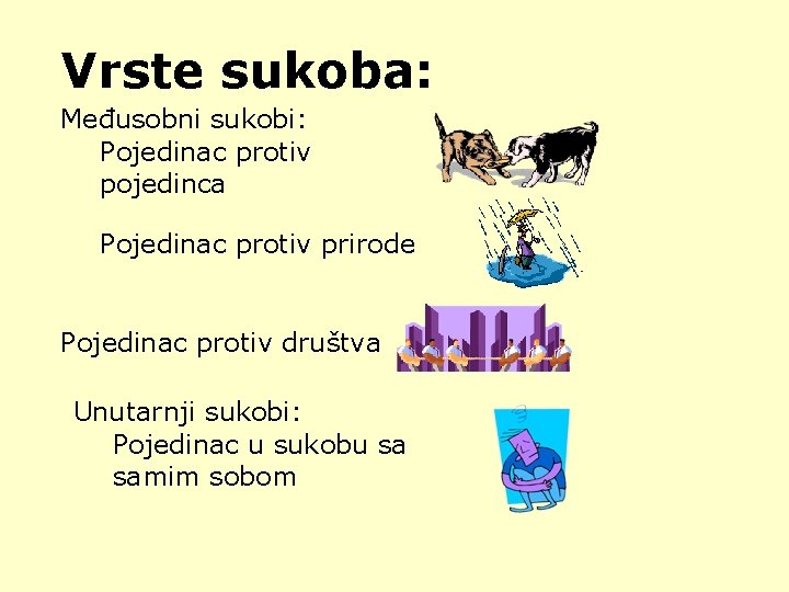 Vrste sukoba: Međusobni sukobi: Pojedinac protiv pojedinca Pojedinac protiv prirode Pojedinac protiv društva Unutarnji