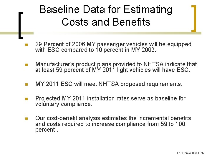 Baseline Data for Estimating Costs and Benefits 29 Percent of 2006 MY passenger vehicles
