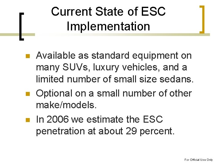 Current State of ESC Implementation Available as standard equipment on many SUVs, luxury vehicles,