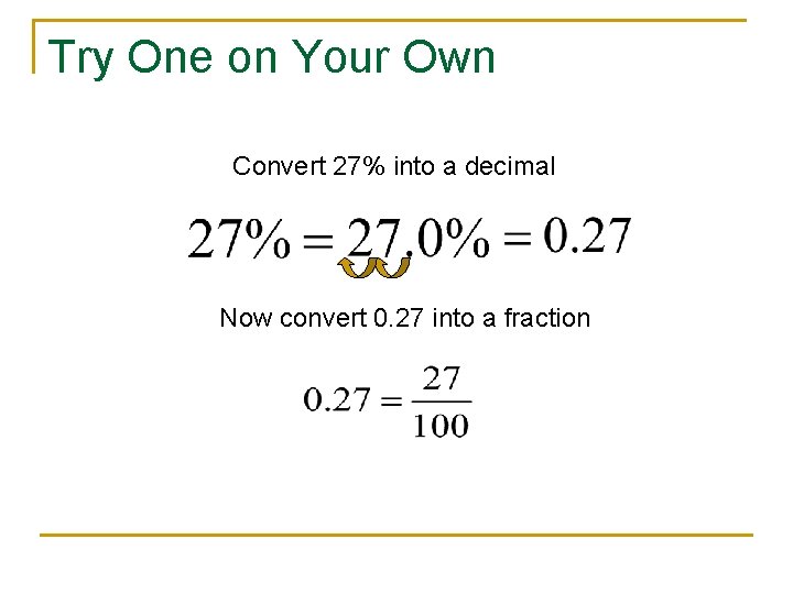 Try One on Your Own Convert 27% into a decimal Now convert 0. 27