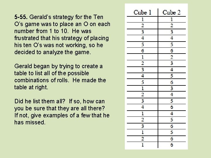 5 -55. Gerald’s strategy for the Ten O’s game was to place an O