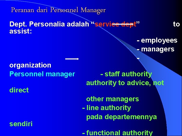 Peranan dari Personnel Manager Dept. Personalia adalah “service dept” to assist: - employees -