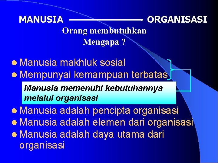 MANUSIA ORGANISASI Orang membutuhkan Mengapa ? l Manusia makhluk sosial l Mempunyai kemampuan terbatas