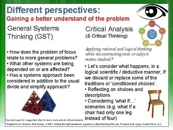 Different perspectives: Gaining a better understand of the problem General Systems Thinking (GST) •