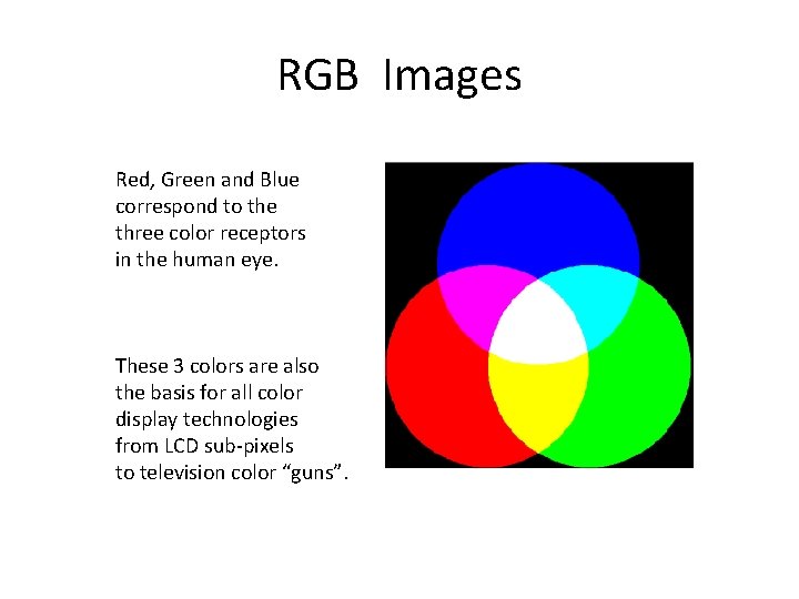 RGB Images Red, Green and Blue correspond to the three color receptors in the