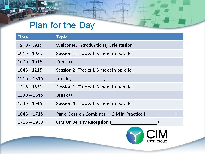 Plan for the Day Time Topic 0900 - 0915 Welcome, Introductions, Orientation 0915 -