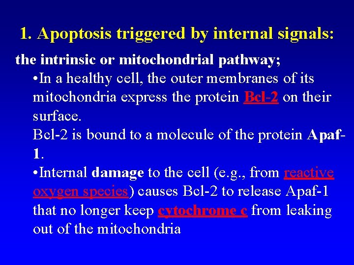 1. Apoptosis triggered by internal signals: the intrinsic or mitochondrial pathway; • In a
