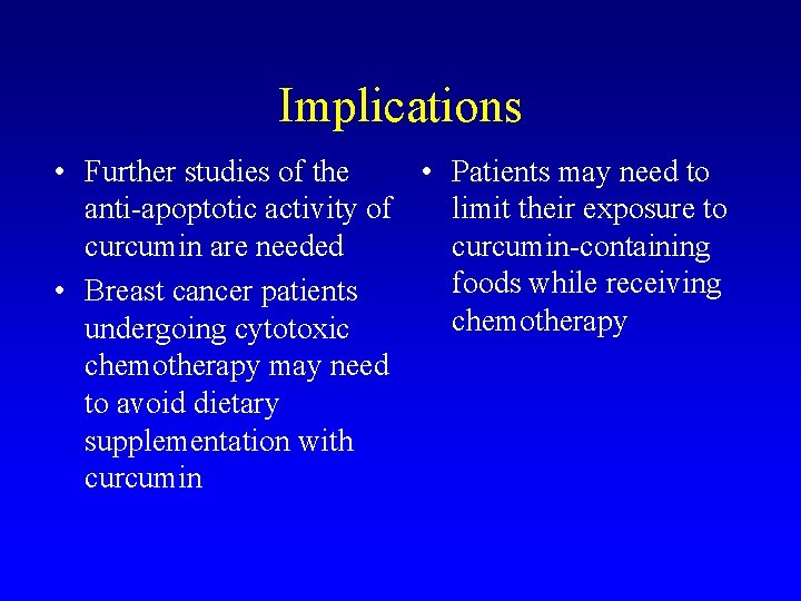 Implications • Further studies of the • Patients may need to anti-apoptotic activity of