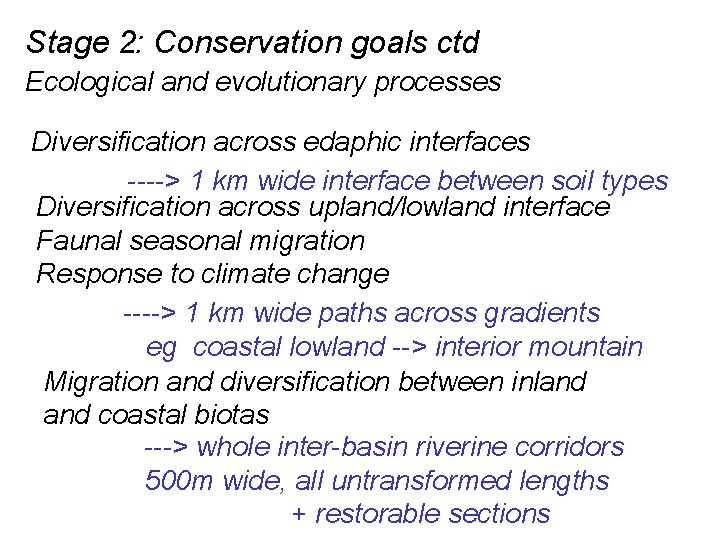 Stage 2: Conservation goals ctd Ecological and evolutionary processes Diversification across edaphic interfaces ---->