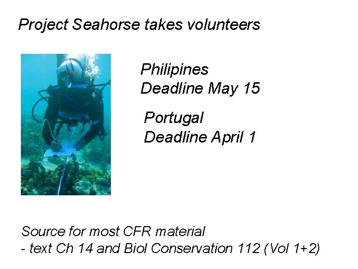 Project Seahorse takes volunteers Philipines Deadline May 15 Portugal Deadline April 1 Source for