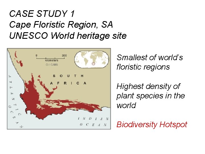 CASE STUDY 1 Cape Floristic Region, SA UNESCO World heritage site Smallest of world’s