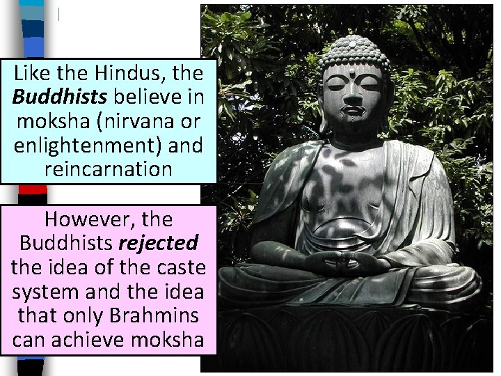 Like the Hindus, the Buddhists believe in moksha (nirvana or enlightenment) and reincarnation However,